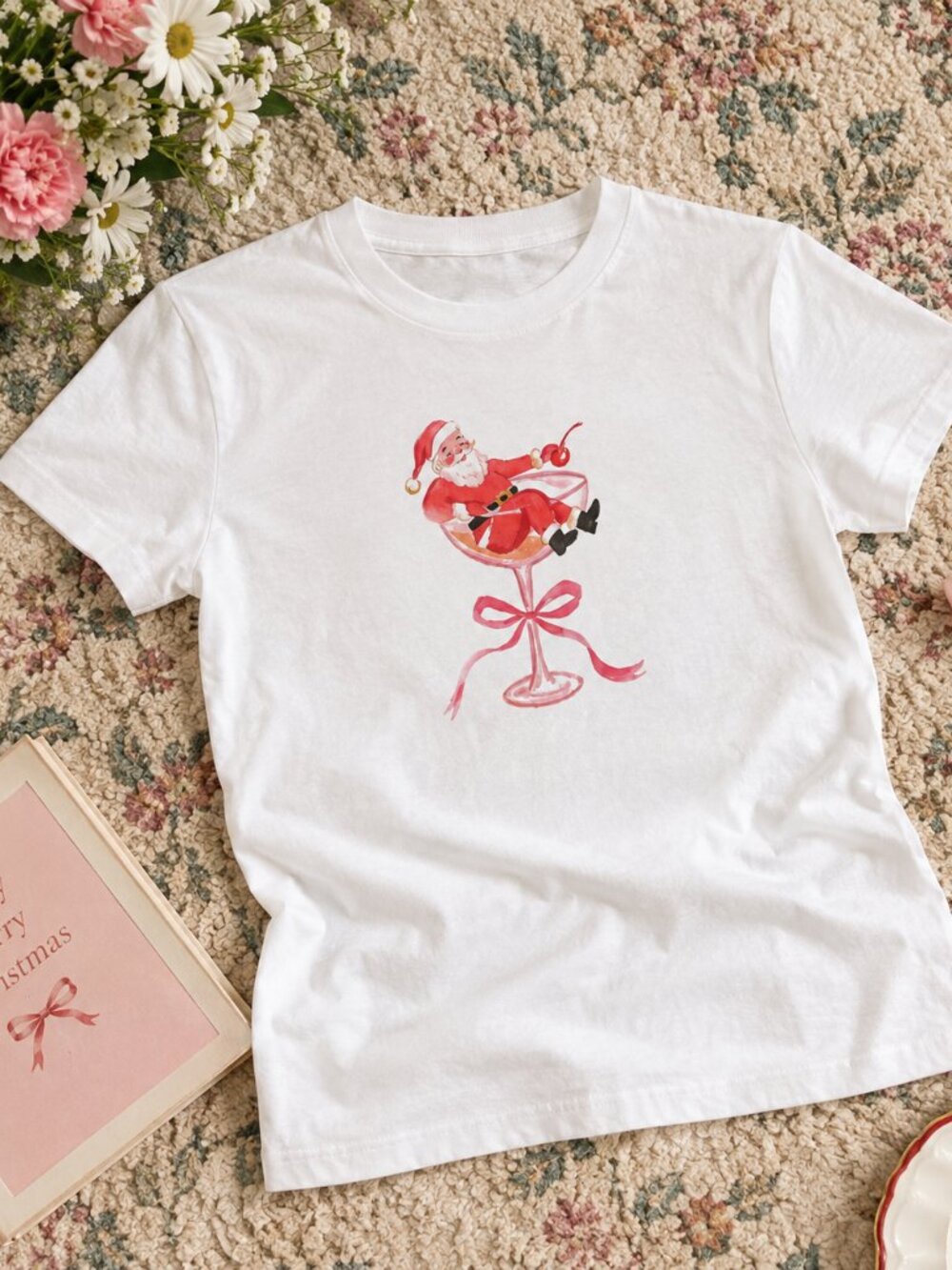 🍸Santa Martini Baby Tee | Coquette Christmas Graphic Shirt | Fitted Holiday Top